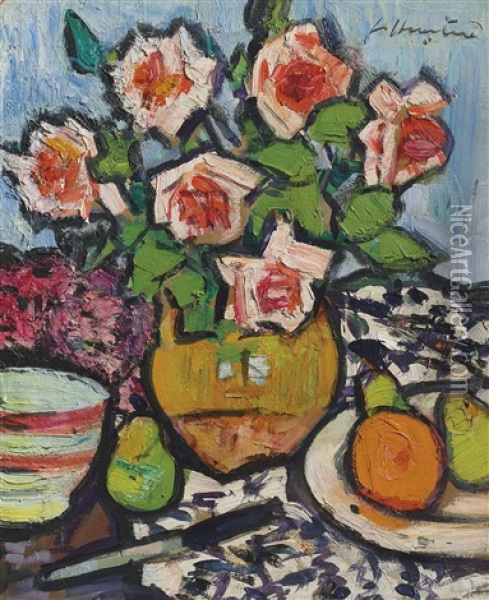 Still Life With Roses, Fruit And Knife Oil Painting - George Leslie Hunter