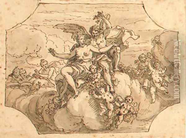 Zephyrus and Flora with putti and garlands on clouds Oil Painting - Sir James Thornhill