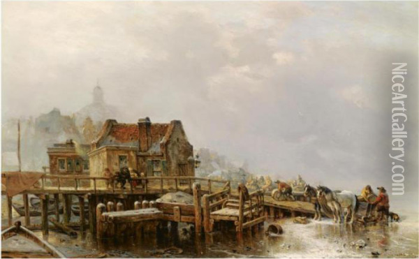 Figures Unloading A Sledge Near An Inn, Amsterdam Oil Painting - Carl Hilgers