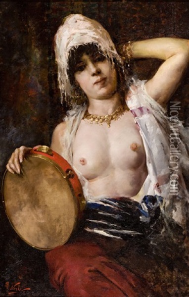 Woman With Tambourine Oil Painting - Girolamo Pieri Ballati Nerli