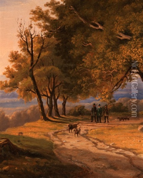 Romantische Mittelgebirgslandschaft Mit Eichengruppe Im Abendlicht Oil Painting - Joseph Huelser