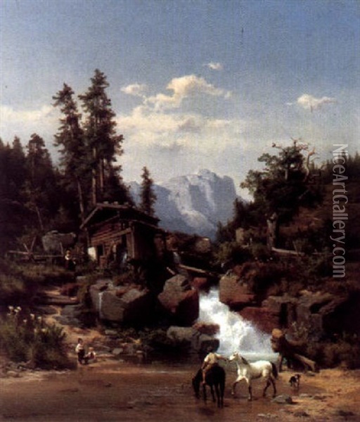 Idyllische Landschaft Mit Kindern Im Hochgebirge (muhle Aus Dem Pinzgau) Oil Painting - Bernhard Girscher