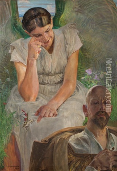 Autoportret Z Aniolem Na Tle Laki Oil Painting - Jacek Malczewski