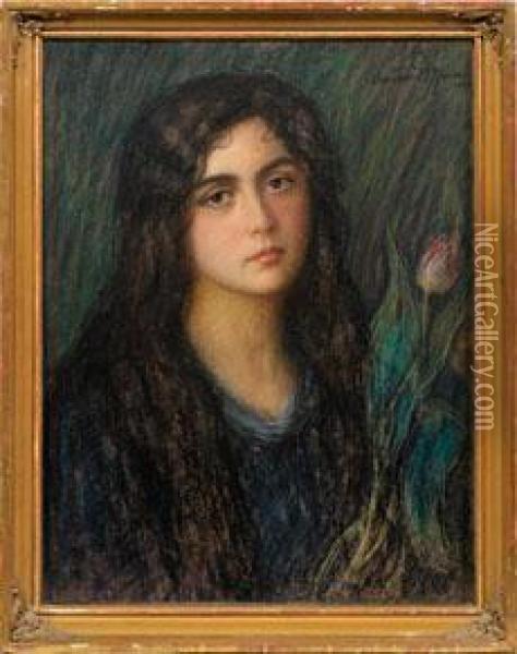 Portrait Eines Madchensmit Tulpe Oil Painting - Waclaw Dyzmanski