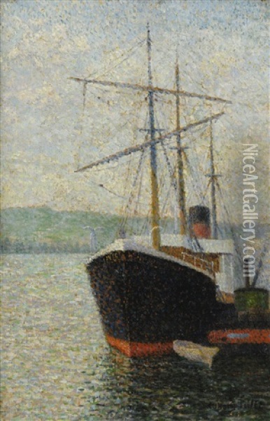 Steamer Dans Le Port De Rouen Ou Trois-mats A Quai Oil Painting - Albert Dubois-Pillet
