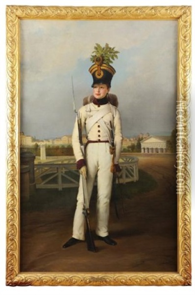 Portrait Du Duc De Reichstadt (napoleon Ii) En Uniforme Blanc De Sergent Major Du 1er Regiment D'infanterie, Devant La Bellaria Oil Painting - Johann-Peter Krafft