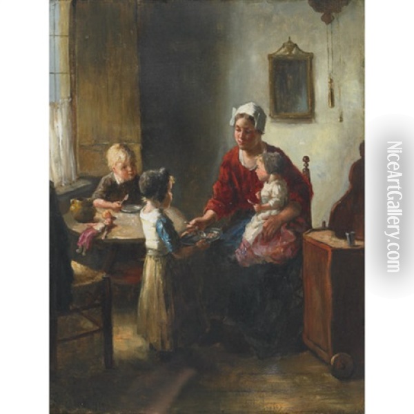 Helping Mother Feed Younger Sister Oil Painting - Bernard de Hoog