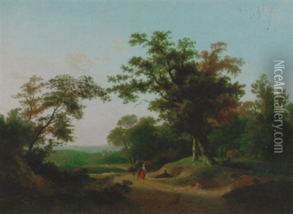 An Extensive Wooded Landscape With Travellers Resting On A Track Oil Painting - Marinus Adrianus Koekkoek the Younger