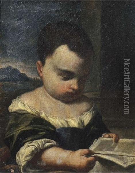 A Young Girl Reading A Book, A Landscape Beyond Oil Painting - Antonio Mercurio Amorosi