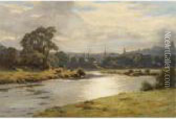 Cattle Grazing On A Riverbank Oil Painting - Duncan Cameron