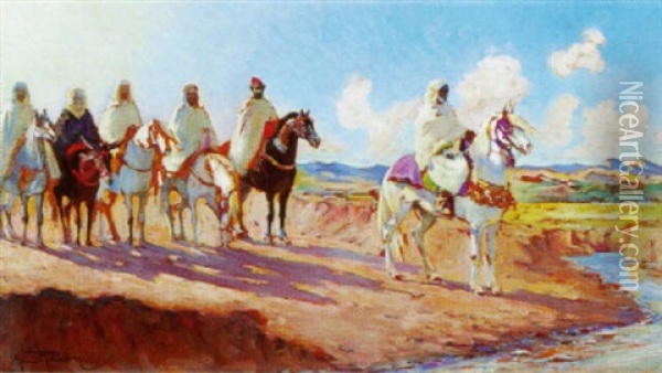 Cavaliers Marocains Oil Painting - Maurice Romberg De Vaucorbeil