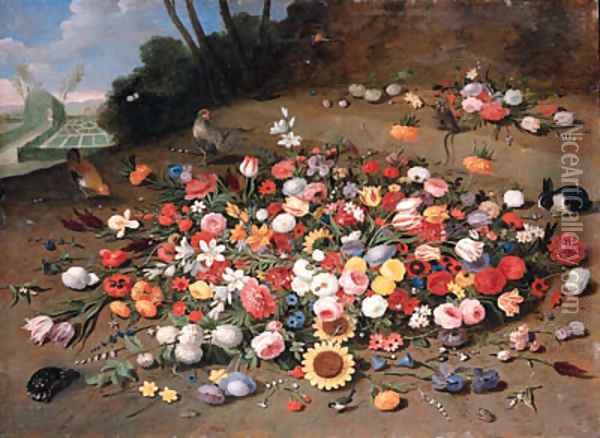 Parrot tulips, roses, sunflowers, lilies, dahlias, poppies, cornflowers, narcissi, daffodils, irises and other flowers, with chickens, a tortoise Oil Painting - Jan van Kessel