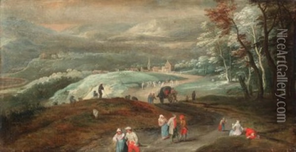 Mountainous Landscape With Figures And Wagoners On A Track And More Figures Dancing Beyond, A Village In The Distance Oil Painting - Jan Brueghel the Elder