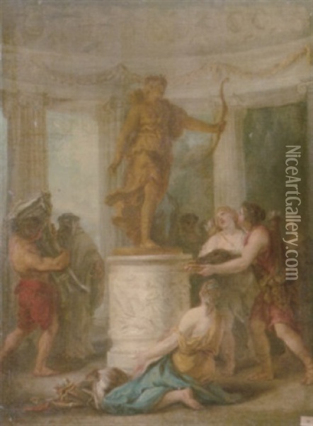 Interior Of A Classical Temple, With Hunters Making An Offering To A Statue Of Diana Oil Painting - Jean-Simon Berthelemy