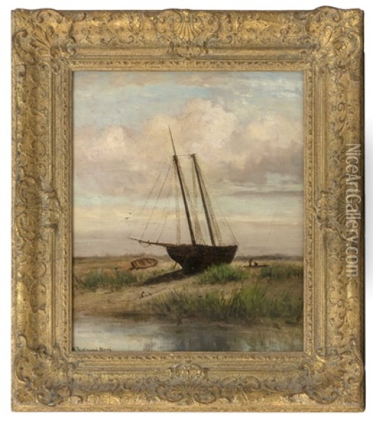 A Beached Boat, Possibly A Nantucket Scene Oil Painting - William Ferdinand Macy