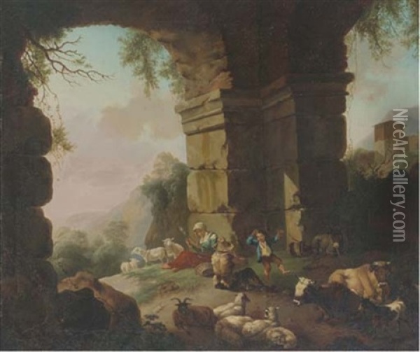 An Italianate Landscape With A Girl Weaving, A Shepherd Playing Pipes And A Little Boy Dancing Amongst Ruins Oil Painting - Christian Wilhelm Ernst Dietrich