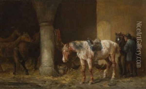 Bauer Mit Pferden Im Stall Oil Painting - Ludwig Hartmann