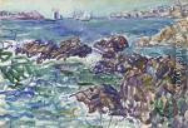 Rocky Cove With Village Oil Painting - Maurice Brazil Prendergast