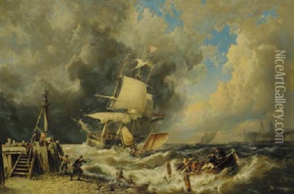 Shipping In Stormy Weather Oil Painting - Pieter Cornelis Dommershuijzen