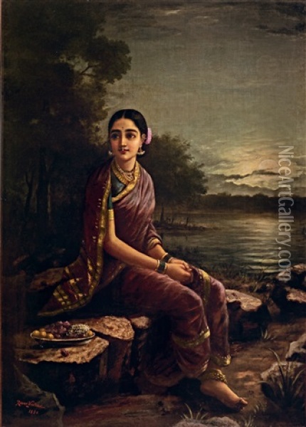 Radha In The Moonlight Oil Painting - Raja Ravi Varma