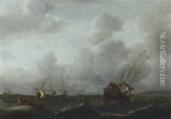 A Frigate And Other Shipping In A Stiff Breeze Oil Painting - Aernout (Johann Arnold) Smit