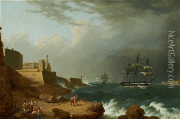 A British Frigate Entering Valletta Harbour During A Storm Oil Painting - Giovanni Jean Schranz