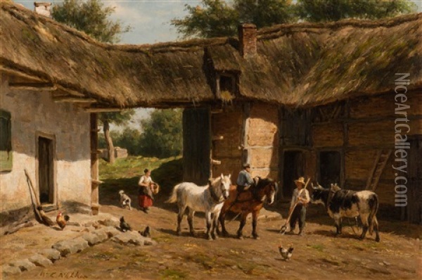 A Chat On The Courtyard Of The Farmstead Oil Painting - Willem Carel Nakken