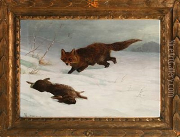 Snowscape With Fox And Hare Oil Painting - Adolf Heinrich Mackeprang