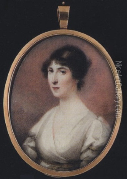 Mrs. Edward Cooper Wearing White Dress With Yellow Waistband, Her Hair Upswept Oil Painting - Joseph Daniel