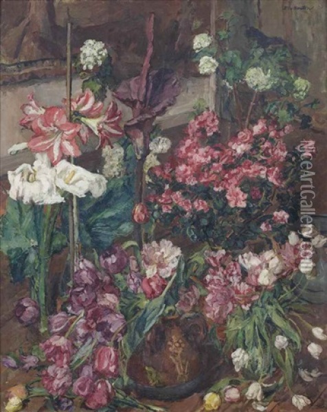 A Colourful Display Of Tulips, Azaleas, Lillies, Amarylles, Arums And Hyacinths Oil Painting - Barbara van Houten