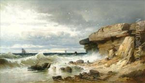 Coastal Scene With A Boat Washed Ashore Oil Painting - Paul Von Tiesenhausen