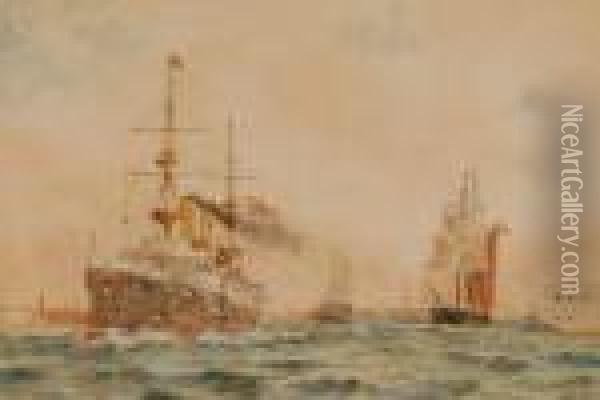 Shipping In Portsmouth Harbour Oil Painting - William Lionel Wyllie