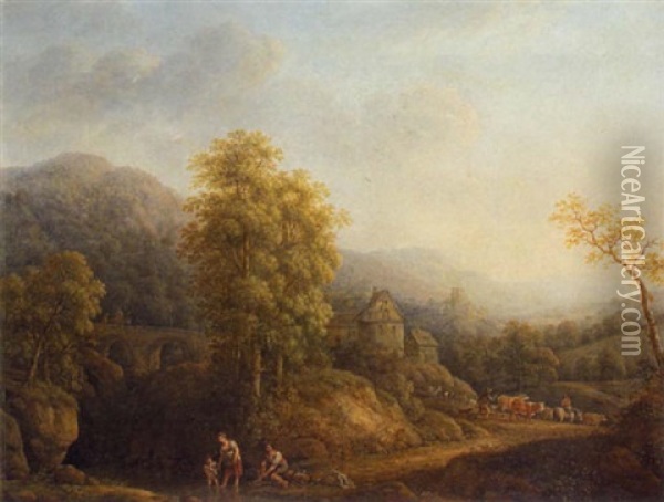 Badende Bauernfamilie Am Bachufer Oil Painting - Johann Caspar Schneider