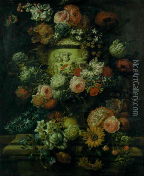 Flowers In A Sculpted Urn On A Pedestal Oil Painting - Jan-Baptiste Bosschaert
