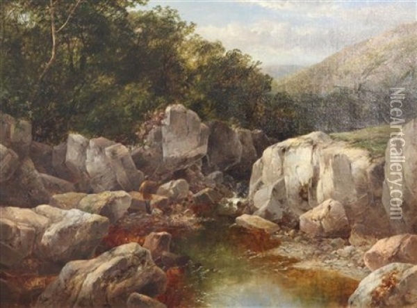 Angler Beside A Mountain Stream Oil Painting - James Burrell Smith