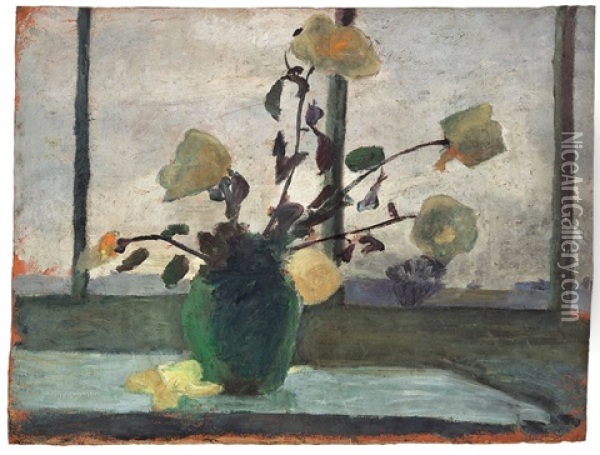 Weisse Rosen Vor Atelierfenster (+ Landschaft Mit Moorkuhle, Verso) Oil Painting - Paula Modersohn-Becker