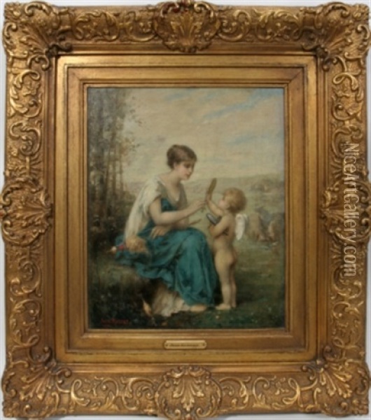 Woman Seated With Cupid Holding Mirror Oil Painting - Jean Aubert