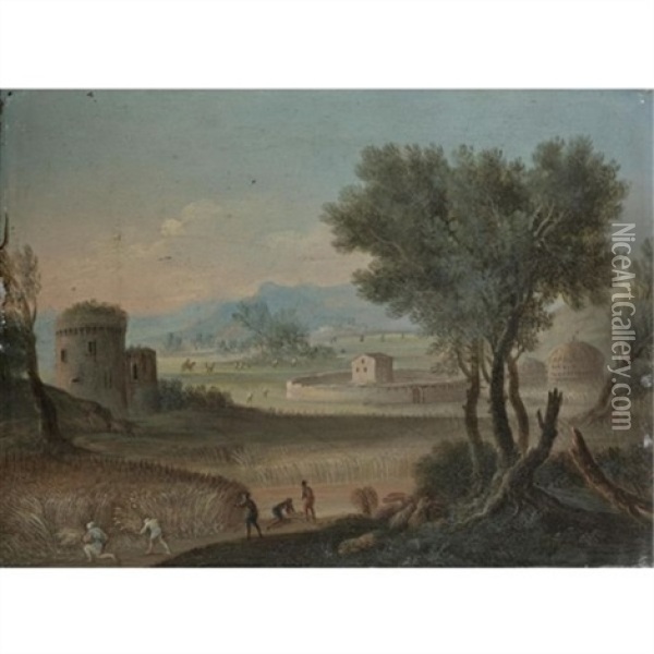 A Landscape, With Harvesters In The Foreground A Farm Beyond Oil Painting - Orazio Grevenbroeck