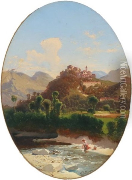 Paesaggio Con Lavandaia Oil Painting - Giovanni Battista Ferrari