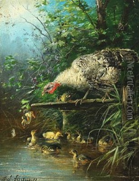 Hen With Chicks By A Lake Oil Painting - Julius Scheuerer
