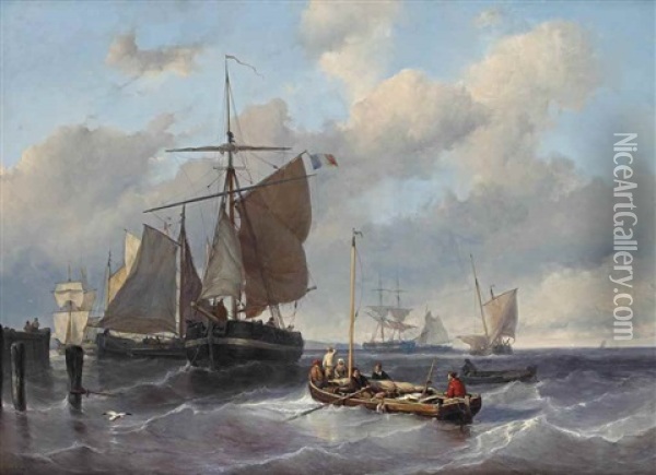 A Seascape With Fishing Boats Oil Painting - Johan Hendrik Meyer