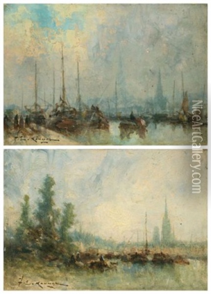 Vues Du Port De Rouen (2 Works) Oil Painting - Jean Etienne Karnec