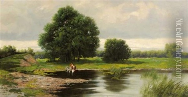 Vaches S'abreuvant A Une Mare Oil Painting - Pavel Pavlovich Dshogin