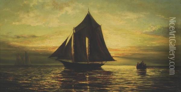 A
Schooner At Sunset On Lake Pontchartrain Oil Painting - William Henry Buck