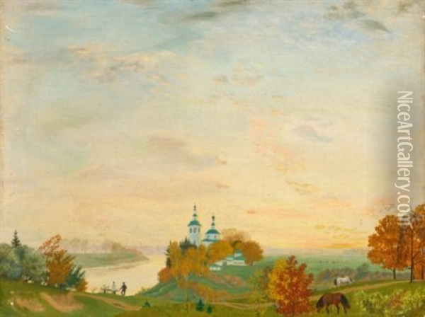 Above The River, Autumn Oil Painting - Boris Mikhailovich Kustodiev