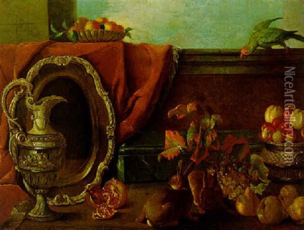 Still Life With An Ornate Silver Ewer And Platter, Fruit, Rabbits, A Parrot And Other Objects, All On A Terrace Oil Painting - Alexandre Francois Desportes