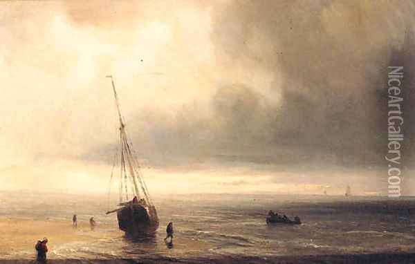 A Beached Fishing Boat With A Storm Approaching Oil Painting - Theodore Gudin