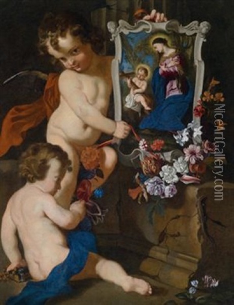 Zwei Putten Mit Einem Bild Der Madonna Mit Dem Jesusknaben Und Blumen Vor Dem Fragment Einer Barocken Mauer Oil Painting - Carlo Dolci