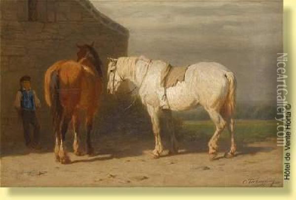 Les Chevaux Attendant Le Marechal Ferrant Oil Painting - Charles Philogene Tschaggeny