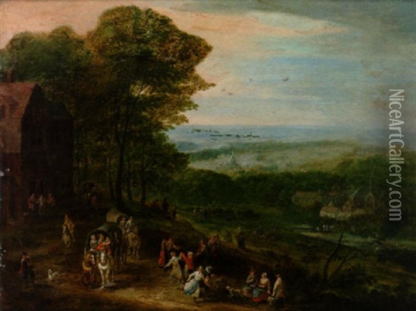 Figures And Carts On A Track Near A Hamlet Oil Painting - Jan Frans van Bredael the Elder